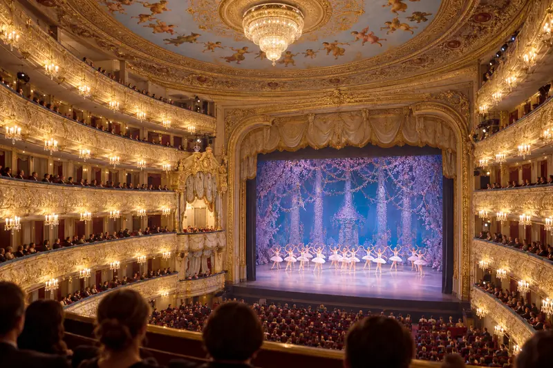Khán phòng Mariinsky nhìn từ ban công tầng một trong lúc diễn ballet: các tầng ban công trắng kem viền vàng lên đèn ấm ôm quanh hai bên, trên sân khấu sáng là hàng vũ công áo trắng nhỏ ở xa, phía trước là bóng đầu vài khán giả