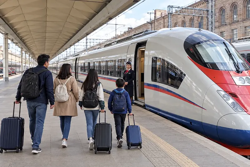 Gia đình Việt bốn người kéo vali dọc sân ga có mái che về phía tàu cao tốc màu trắng mũi đỏ, nhân viên tàu người Nga đứng ở cửa toa