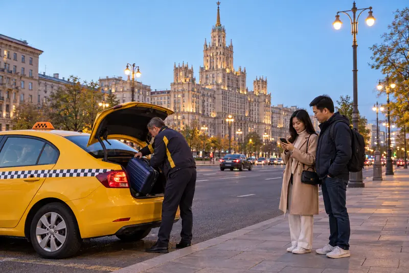 Tài xế người Nga nhấc vali vào cốp chiếc taxi vàng có sọc ca rô bên lề đường Moscow lúc chập tối, cặp vợ chồng Việt đứng trên vỉa hè xem điện thoại