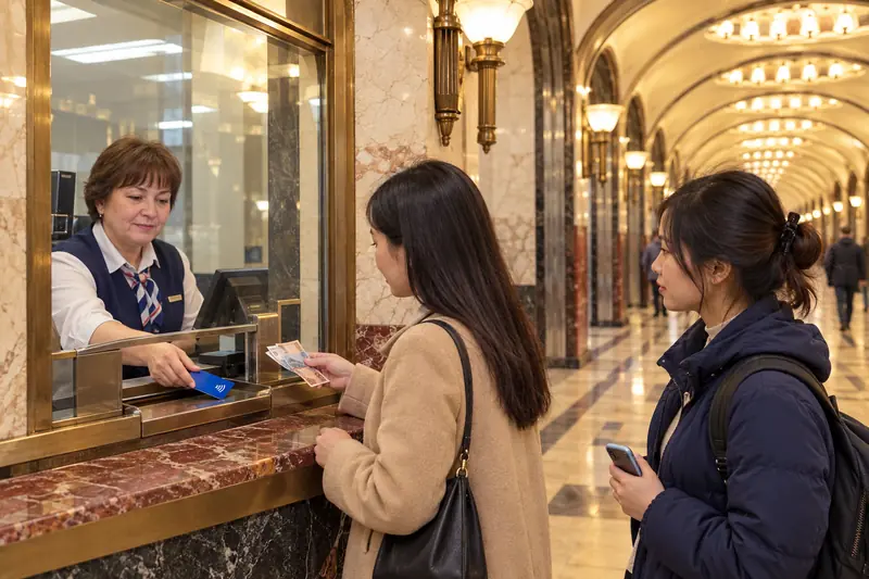Nhân viên quầy vé người Nga đưa tấm thẻ đi lại màu xanh qua khe kính cho cô gái Việt đang trả tiền mặt, bạn cô đứng cạnh cầm điện thoại, sảnh metro ốp đá cẩm thạch