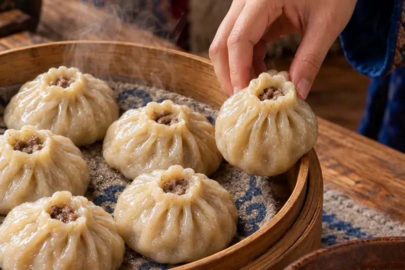 Xửng gỗ đầy bánh bao Buryat hấp nóng có lỗ nhỏ trên đỉnh, một bàn tay đang nhấc một chiếc bánh lên