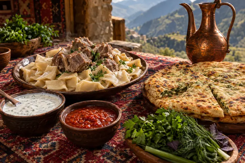 Bàn ăn Dagestan trên tấm thảm hoa văn, đĩa bột luộc khinkal với thịt cừu, chén sốt tỏi sữa chua và sốt cà chua, bánh dẹt nhân rau cắt miếng, rau thơm và bình đồng