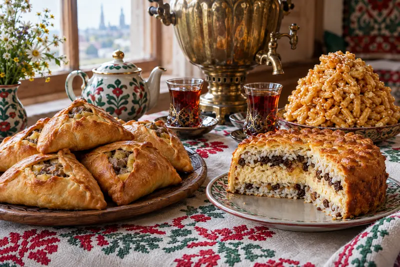 Bàn trà Tatar với bánh tam giác vàng giòn, một lát bánh tròn nhiều lớp, tháp bột chiên mật ong, ấm trà và cốc thuỷ tinh trên khăn thêu