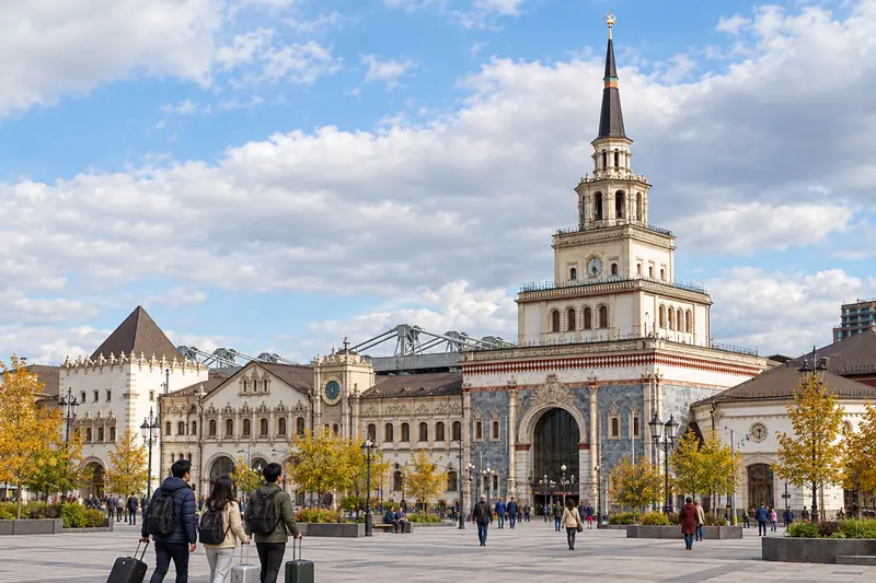 Ga tàu Kazansky ở Moscow với tháp nhiều tầng đội chóp nhọn và mặt tiền đá trắng trang trí, hàng cây lá vàng phía trước, ba khách Việt kéo vali đi về phía ga