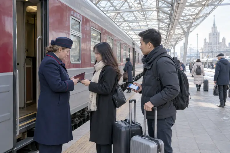 Nữ nhân viên toa tàu người Nga mặc đồng phục xanh than kiểm hộ chiếu của cô gái Việt ở cửa toa tàu đường dài màu đỏ xám, bạn trai cô cầm hai vali và điện thoại, sân ga có mái kính cao