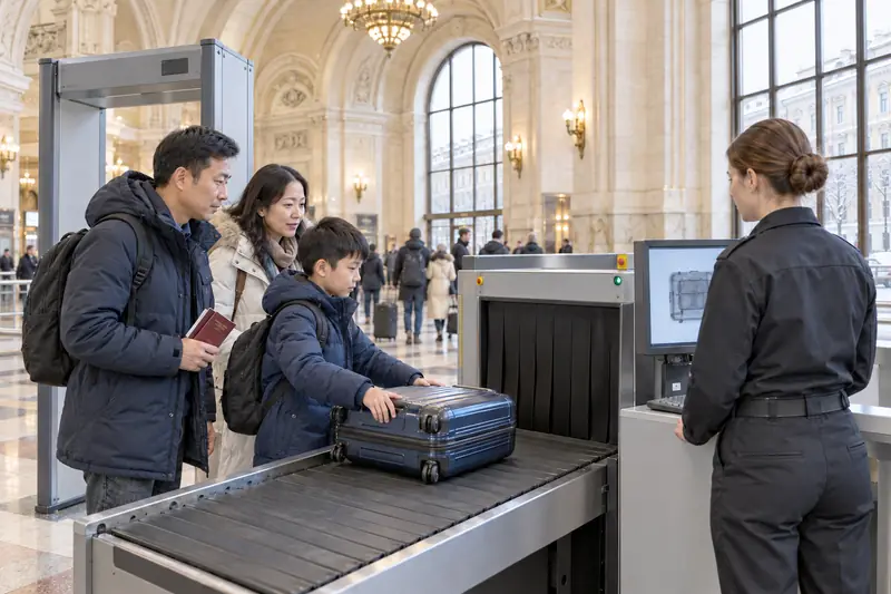 Gia đình Việt ba người đặt vali lên băng chuyền máy soi trong sảnh ga tàu cổ ở Moscow, người cha cầm hộ chiếu, nhân viên an ninh người Nga theo dõi màn hình, phía sau là đèn chùm và cửa sổ vòm