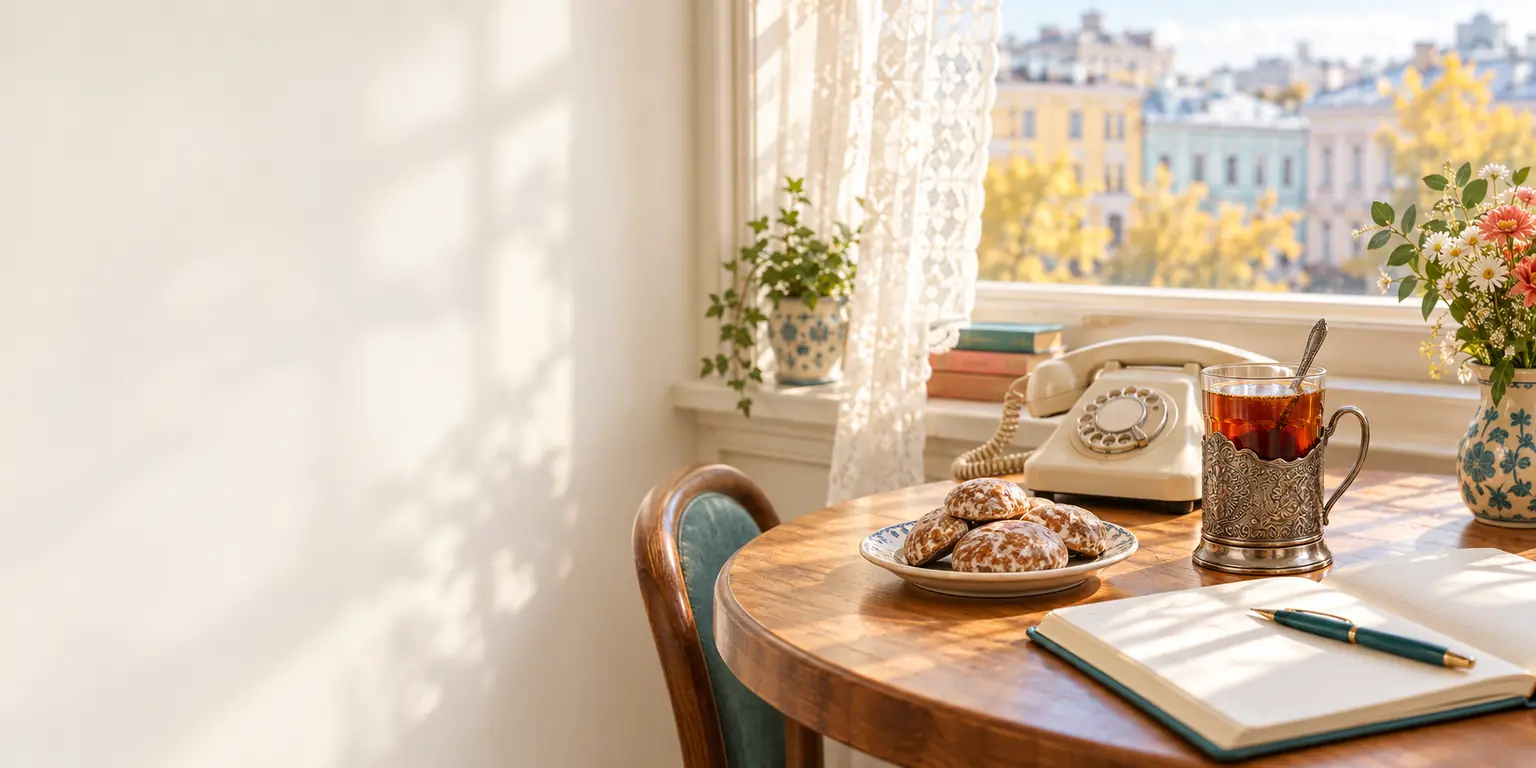 Góc bàn gỗ cạnh cửa sổ ở Moscow: ly trà đặt trong giá đỡ bạc, sổ tay, bản đồ và điện thoại