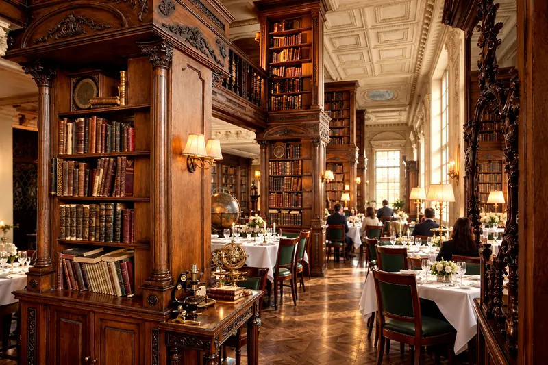 Phòng Thư viện của Café Pushkin với giá sách gỗ và bàn trải khăn trắng