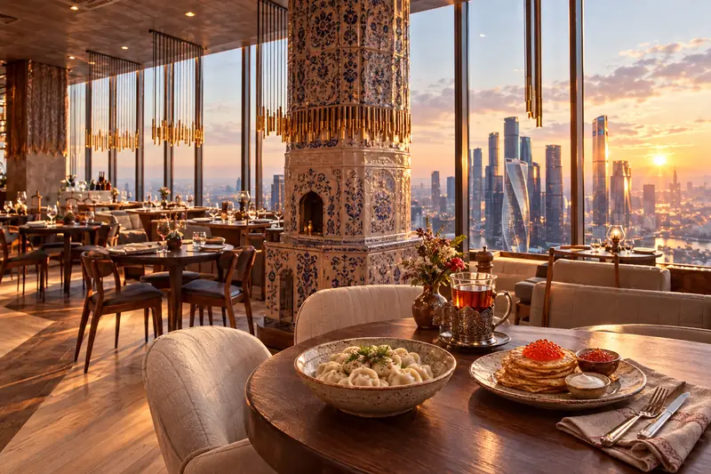 Bàn ăn cạnh cửa kính ở nhà hàng tầng cao Moscow-City với pelmeni và blini