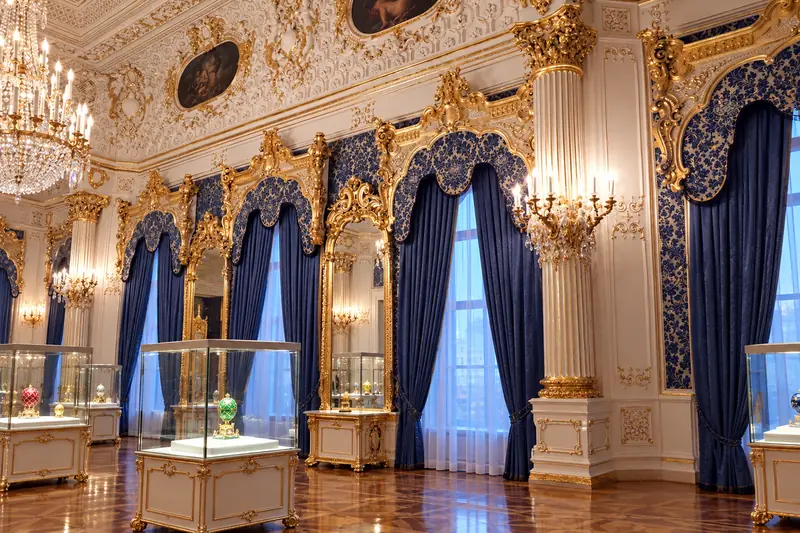 Sảnh trắng vàng rèm xanh trong Cung điện Shuvalov với tủ kính trưng bày trứng Fabergé