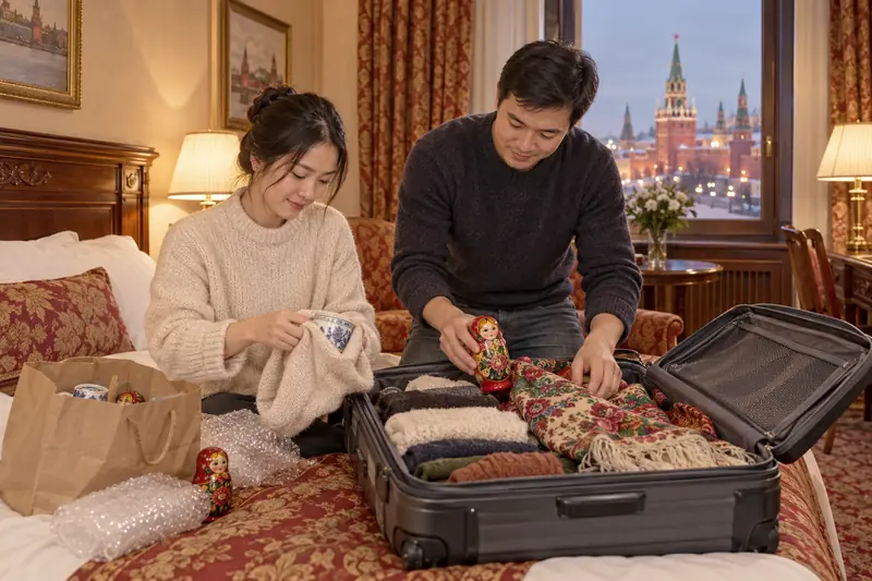 Cặp vợ chồng Việt trong phòng khách sạn ấm cúng ở Moscow xếp quà vào vali: người vợ bọc chiếc chén sứ trong áo len, người chồng đặt búp bê và khăn hoa giữa quần áo