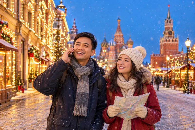 Cặp khách Việt gọi điện và xem bản đồ trên phố Moscow tuyết rơi buổi tối