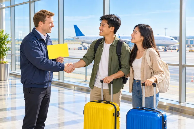 Tài xế cầm bảng chào màu vàng bắt tay cặp khách Việt ở sảnh đến sân bay