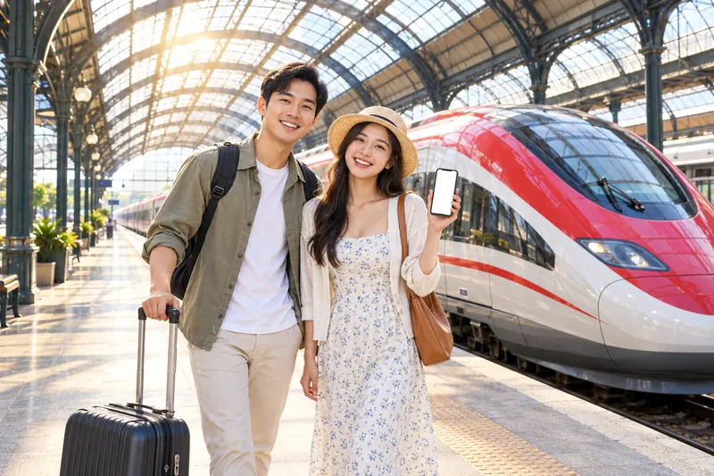 Cặp khách Việt kéo vali trên sân ga cạnh tàu cao tốc
