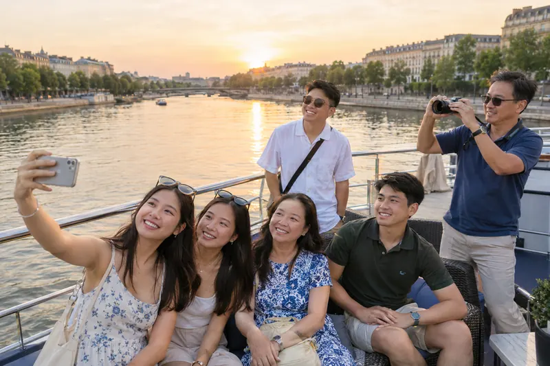 Nhóm bạn chụp ảnh trên du thuyền sông Moscow