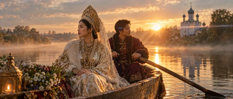 Cô dâu Việt mặc gấm ngà vàng đội kokoshnik ngọc trai ngồi trên thuyền gỗ, chú rể mặc kaftan đỏ rượu chèo thuyền trên sông lúc hoàng hôn có sương, nhà thờ trắng trên bờ