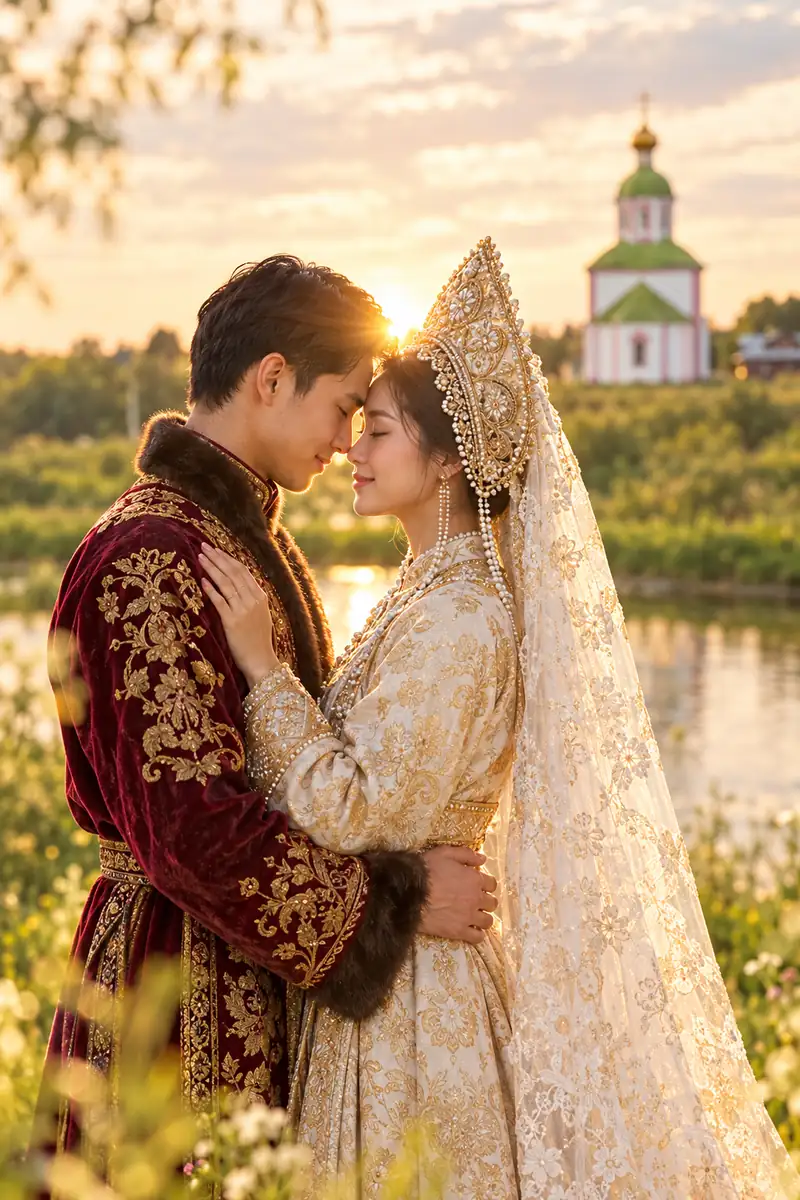 Cô dâu Việt mặc gấm ngà vàng đội kokoshnik ngọc trai và chú rể mặc kaftan đỏ rượu tựa trán vào nhau bên sông Kamenka lúc hoàng hôn, nhà thờ mái xanh phía sau