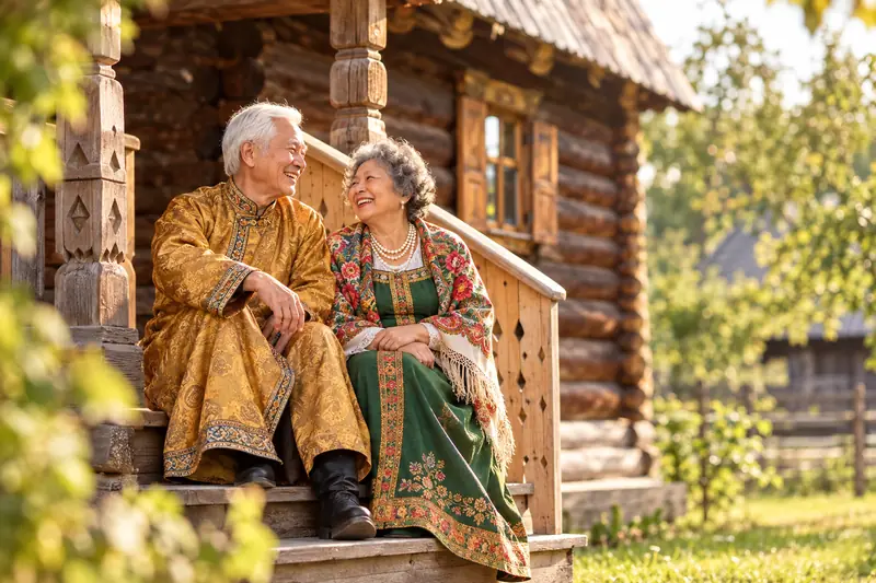 Ông bà người Việt, ông tóc bạc mặc kaftan vàng, bà tóc xoăn ngắn mặc sarafan xanh lá, ngồi cười trên bậc thềm gỗ chạm của nhà gỗ trong bảo tàng kiến trúc gỗ Suzdal
