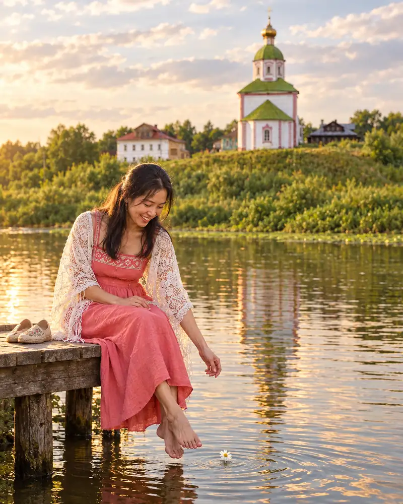 Người phụ nữ Việt mặc sarafan hồng san hô, quàng khăn ren trắng, ngồi chân trần trên mép bến gỗ thả bông cúc xuống sông, bên kia là nhà thờ Elijah trắng mái xanh