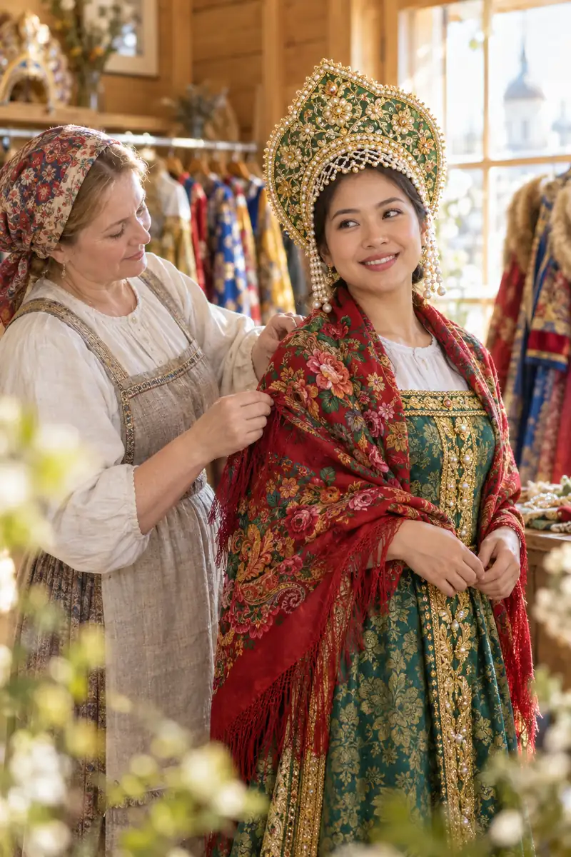 Người phụ trách trang phục người Nga thắt khăn choàng đỏ và chỉnh kokoshnik cho cô gái Việt mặc sarafan xanh lá thêu vàng trong phòng trang phục