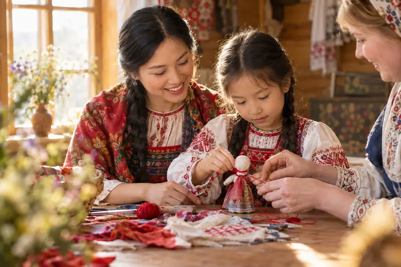Mẹ và con gái người Việt mặc trang phục Nga buộc búp bê vải không mặt bằng chỉ đỏ trên bàn gỗ đầy vải vụn, nghệ nhân người Nga hướng dẫn bên cạnh