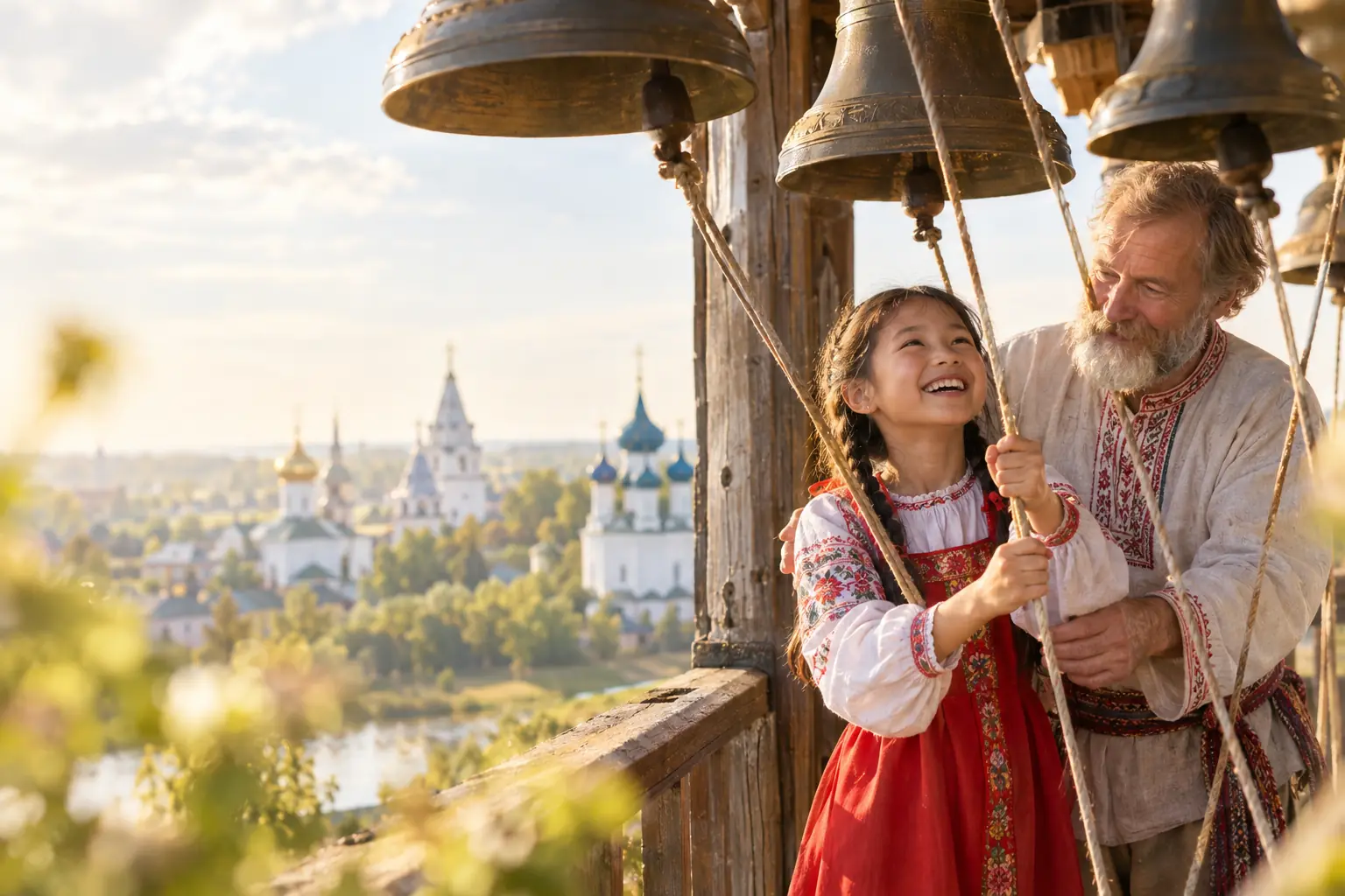 Bé gái Việt mặc sarafan đỏ cười thích thú kéo dây chuông đồng trên tháp chuông gỗ, người kéo chuông Nga râu bạc hướng dẫn phía sau, xa xa là nhà thờ trắng mái vòm Suzdal trong nắng sớm