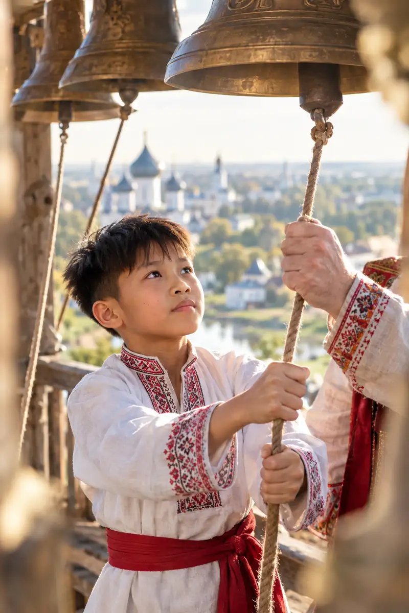 Cậu bé Việt mặc áo thêu trắng thắt lưng đỏ chăm chú kéo dây chuông trên tháp chuông gỗ, chuông đồng sáng phía trên, xa xa là mái vòm Suzdal