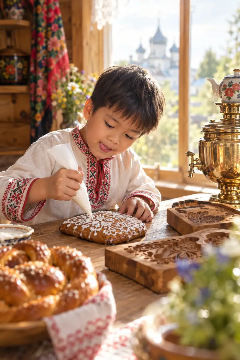 Cậu bé Việt mặc áo dân gian chăm chú vẽ kem trắng lên bánh gừng in hoa văn, bên cạnh khuôn bánh gỗ, bánh vòng xoắn và ấm samovar