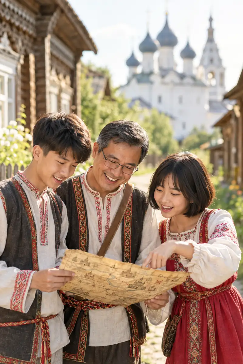 Bố người Việt đeo kính cùng con trai tuổi teen và con gái tóc bob chụm đầu xem tấm bản đồ câu đố trên phố nhà gỗ Suzdal, nhà thờ trắng phía sau