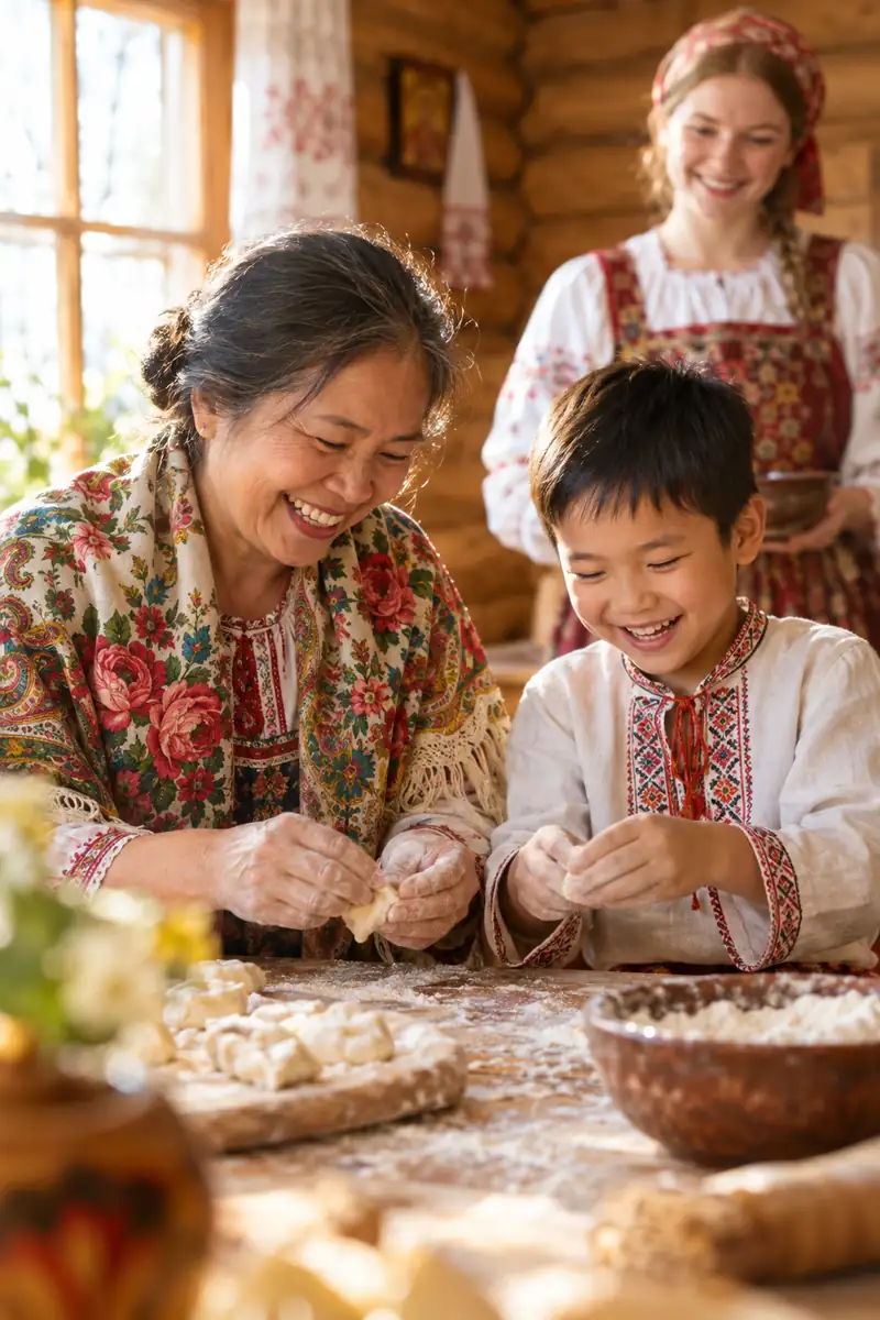 Bà và cháu trai người Việt mặc trang phục Nga cùng nặn bột trên bàn gỗ rắc bột mì trong nhà gỗ, cả hai cười, bà chủ nhà người Nga phía sau