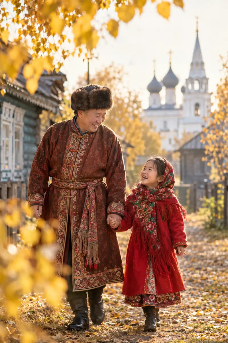 Ông và cháu gái người Việt mặc kaftan và áo khoác đỏ nắm tay đi trên con phố nhà gỗ Suzdal giữa lá bạch dương vàng mùa thu, nhà thờ trắng phía sau