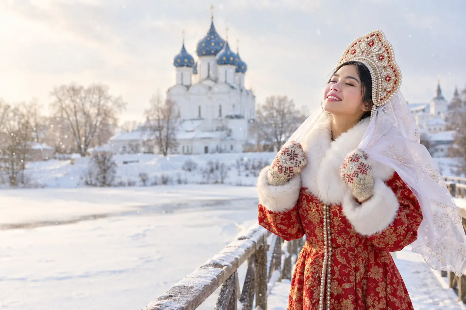 Cô gái Việt mặc áo choàng gấm đỏ cổ lông trắng, đội kokoshnik thêu ngọc trai có khăn voan trắng, đứng trên cây cầu gỗ phủ tuyết ngửa mặt cười đón tuyết rơi, phía sau là nhà thờ trắng mái vòm xanh rắc sao vàng ở Suzdal