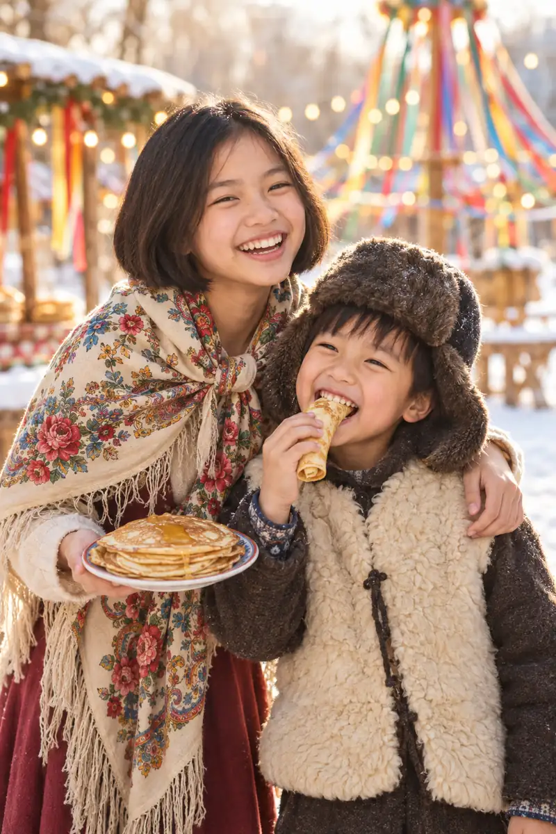 Chị gái tuổi teen tóc bob quàng khăn hoa và em trai nhỏ đội mũ lông cùng ăn bánh blini rưới mật ong ở hội chợ Maslenitsa đầy ruy băng màu