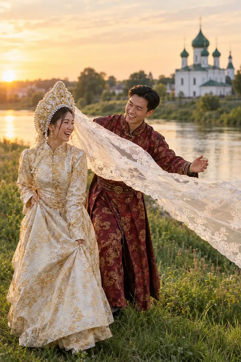 Cô dâu Việt mặc gấm ngà vàng đội kokoshnik ngọc trai, chú rể mặc kaftan gấm đỏ rượu cười đưa tay bắt tà voan ren bị gió thổi bay trên bờ sông Kamenka lúc hoàng hôn