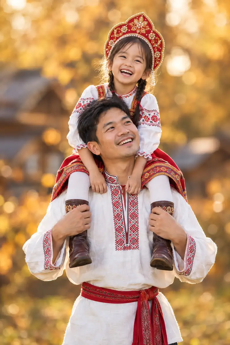 Bố Việt mặc áo thêu trắng thắt đai đỏ cõng con gái mặc sarafan đỏ đội kokoshnik nhỏ trên vai, hai bố con cười, nhà gỗ chạm và cây thu phía sau