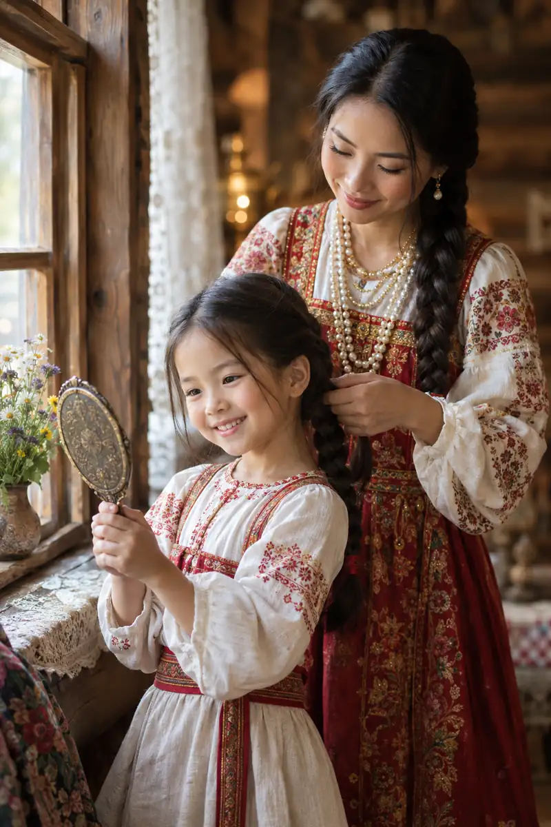 Mẹ Việt mặc sarafan đỏ thêu tết tóc cho con gái mặc váy lanh trắng bên cửa sổ nhà gỗ, bé cười soi gương cầm tay