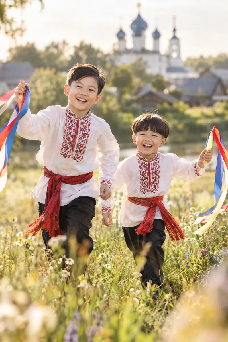 Hai anh em trai người Việt mặc áo thêu trắng thắt lưng đỏ cười chạy giữa đồng cỏ mùa hè, tay vẫy dải ruy băng nhiều màu