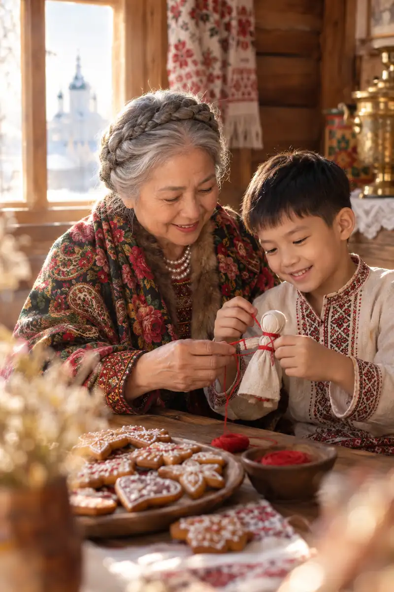 Bà người Việt tóc bạc tết vương miện quàng khăn hoa cùng cháu trai buộc búp bê vải bằng chỉ đỏ bên bàn gỗ có bánh gừng