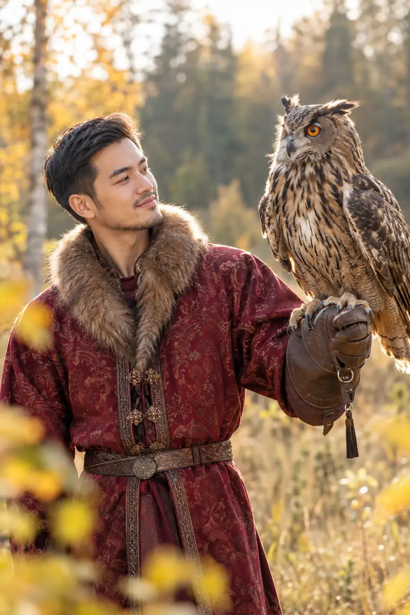 Chàng trai Việt mặc kaftan gấm đỏ sẫm cổ viền lông, giơ tay đeo găng da cho cú đại bàng mắt cam đậu, cánh đồng ven rừng mùa thu