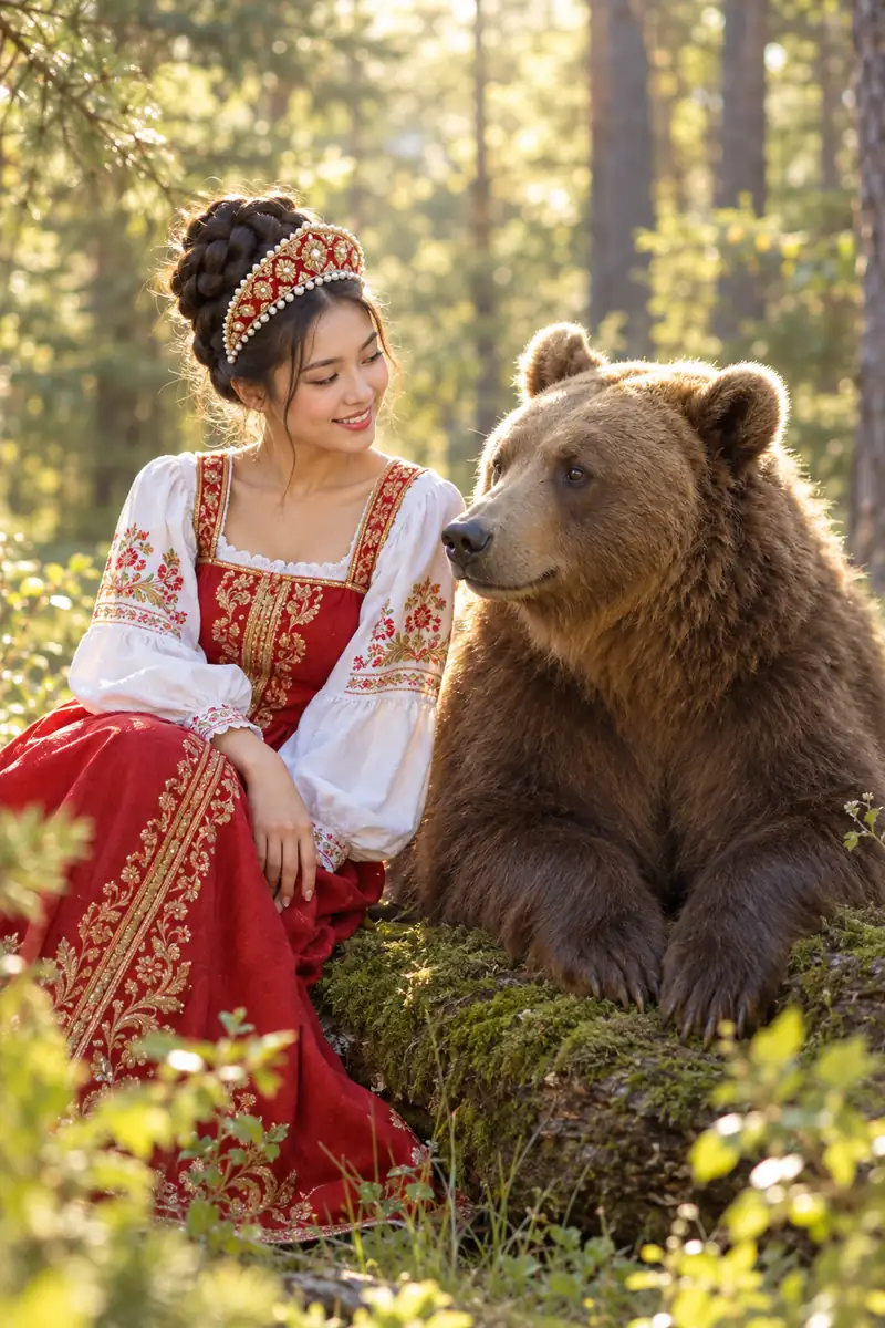Cô gái Việt búi tóc tết, đội kokoshnik ngọc trai nhỏ, mặc sarafan đỏ thêu vàng, ngồi trên khúc gỗ cạnh chú gấu nâu trong rừng thông nắng chiều