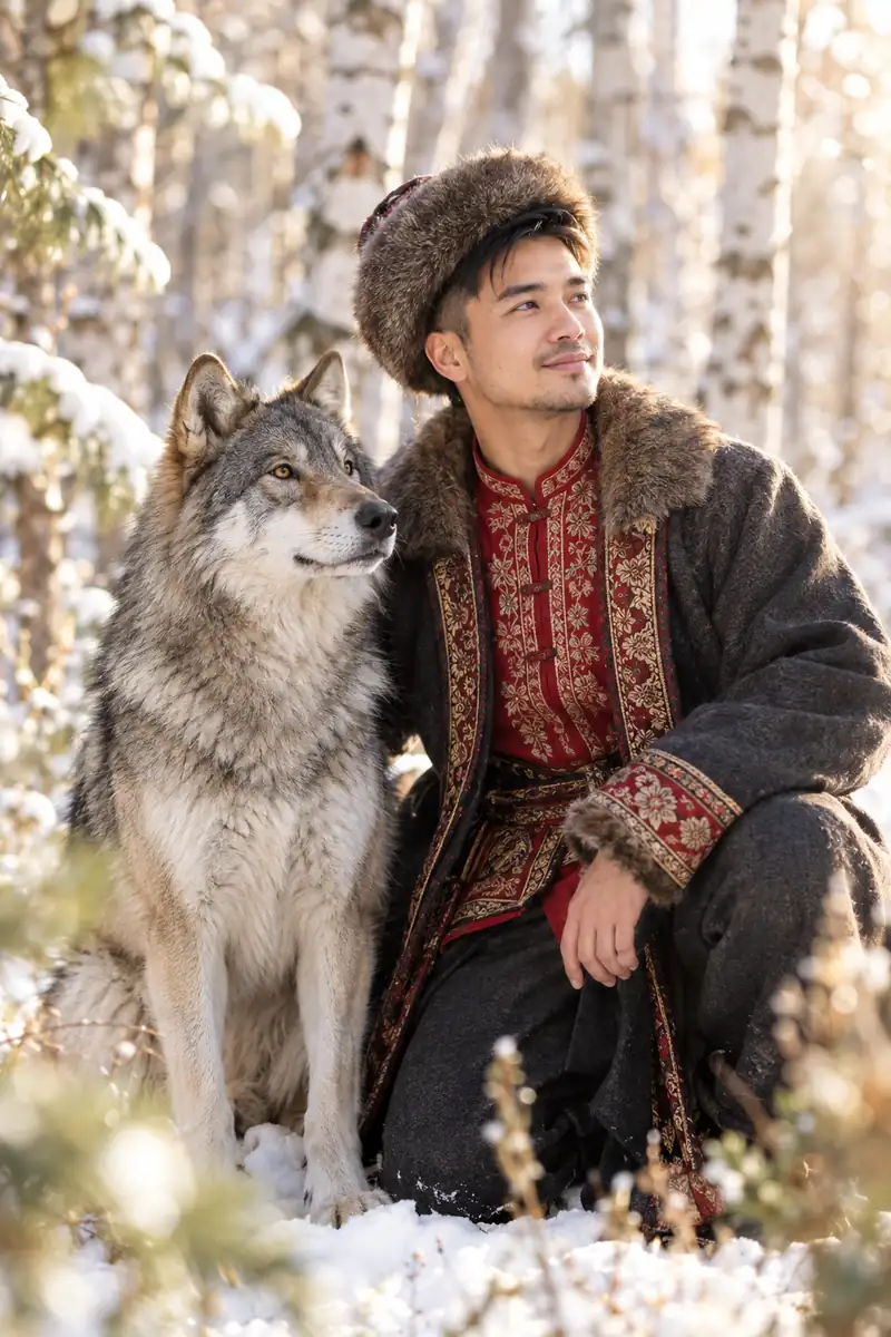 Chàng trai Việt mặc kaftan xám than, áo thêu đỏ, đội mũ lông, quỳ trên tuyết cạnh chú sói xám trong rừng bạch dương