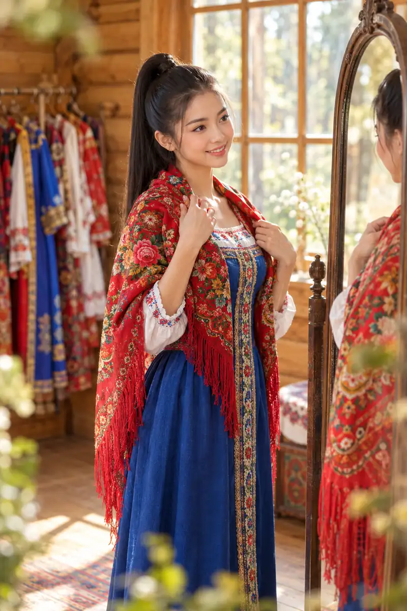 Cô gái Việt buộc tóc đuôi ngựa cao chỉnh khăn hoa đỏ trên sarafan xanh trước gương cổ trong căn nhà gỗ có giá treo trang phục Nga