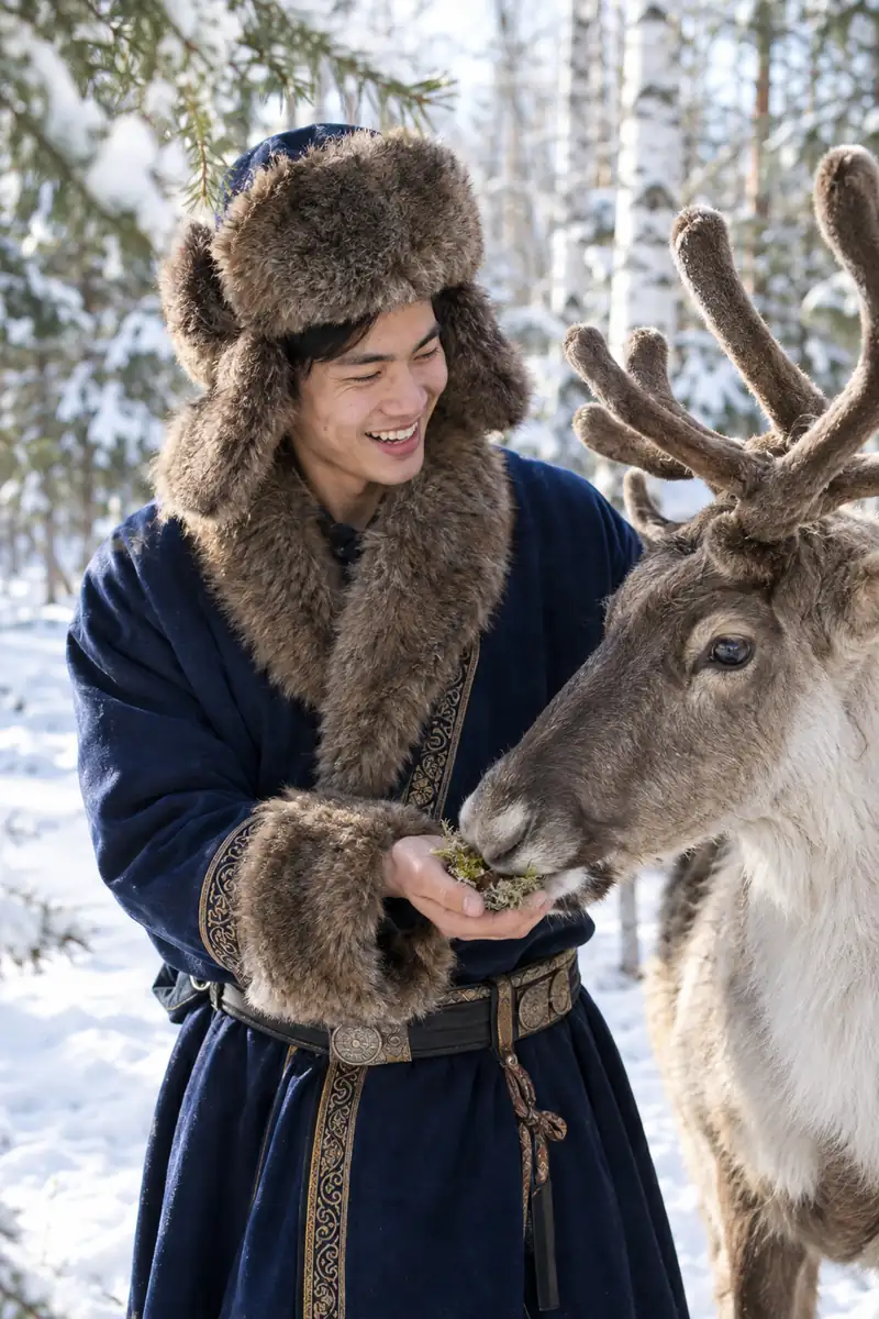 Chàng trai Việt đội mũ lông ushanka, mặc kaftan xanh than viền lông, cười khi chú tuần lộc ăn nắm rêu trên tay mình trong rừng thông phủ tuyết