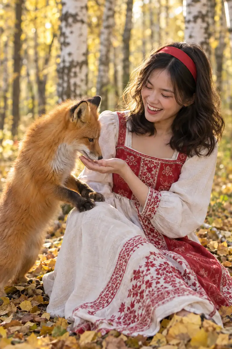 Cô gái Việt tóc gợn sóng ngang vai, buộc băng đô đỏ, mặc sarafan lanh thêu đỏ, ngồi giữa lá vàng bật cười khi chú cáo đỏ đặt chân lên gối và hít hít lòng bàn tay