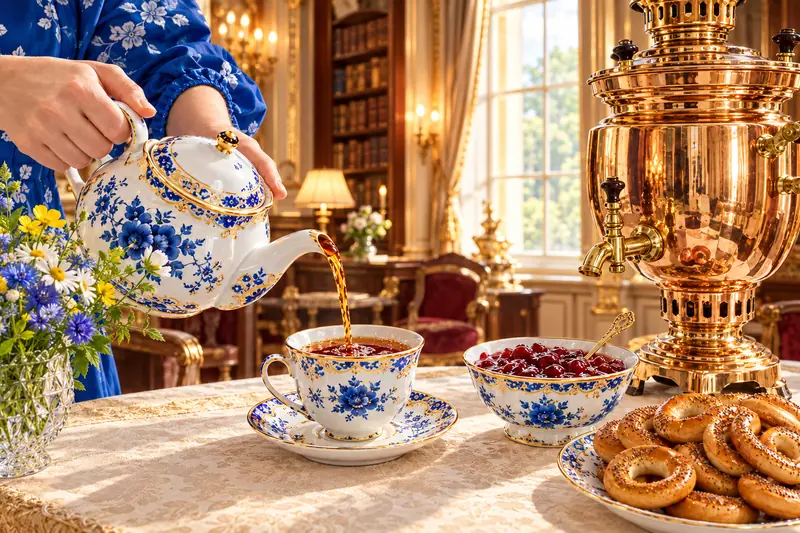 Rót trà đen từ ấm sứ hoa văn xanh vào chén trong phòng trà ấm áp, cạnh samovar đồng bóng, bát mứt anh đào và bánh vòng