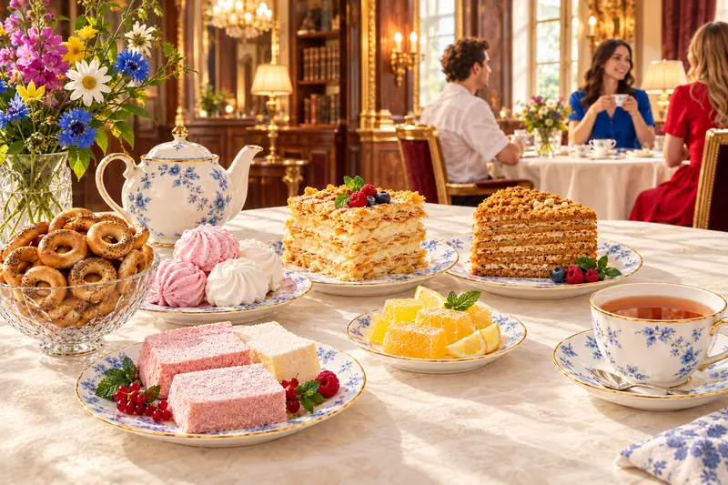 Các món ngọt ăn kèm trà trên bàn phủ khăn trong quán cổ điển ốp gỗ: pastila, bánh Napoleon, bánh mật ong, bánh vòng, kẹo xốp zefir và thạch chanh