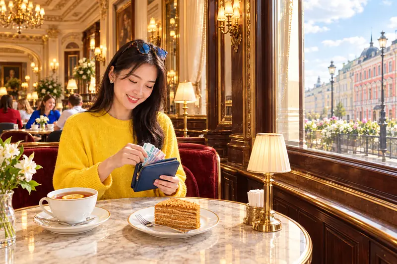 Cô gái Việt áo len vàng rút tiền giấy từ ví bên bàn đá trong quán cà phê cổ điển ốp gỗ, đèn vàng ấm, trên bàn có giá mica in mã QR, tách trà chanh và bánh mật ong, ngoài cửa sổ là phố nhà cổ nhiều màu
