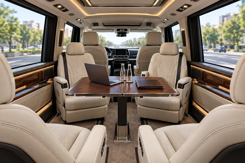 Nội thất minivan hạng sang với bốn ghế da màu kem quay mặt vào nhau, bàn gỗ óc chó có máy tính xách tay, bìa da và hai chai nước, cửa kính nhìn ra đại lộ