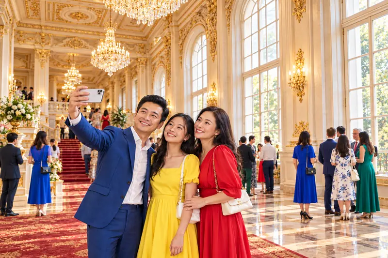 Một gia đình Việt ba người chụp ảnh tự sướng dưới đèn chùm pha lê vàng ấm trong sảnh nhà hát cổ mạ vàng, thảm đỏ, khán giả trò chuyện phía sau