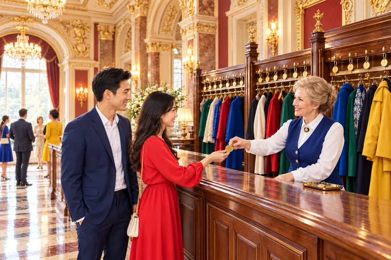 Một cặp đôi Việt mặc đồ lịch sự ở quầy gửi áo bằng gỗ bóng của một nhà hát cổ, đèn tường vàng ấm, bà nhân viên đưa lại thẻ số tròn bằng đồng, phía sau là hàng áo khoác nhiều màu